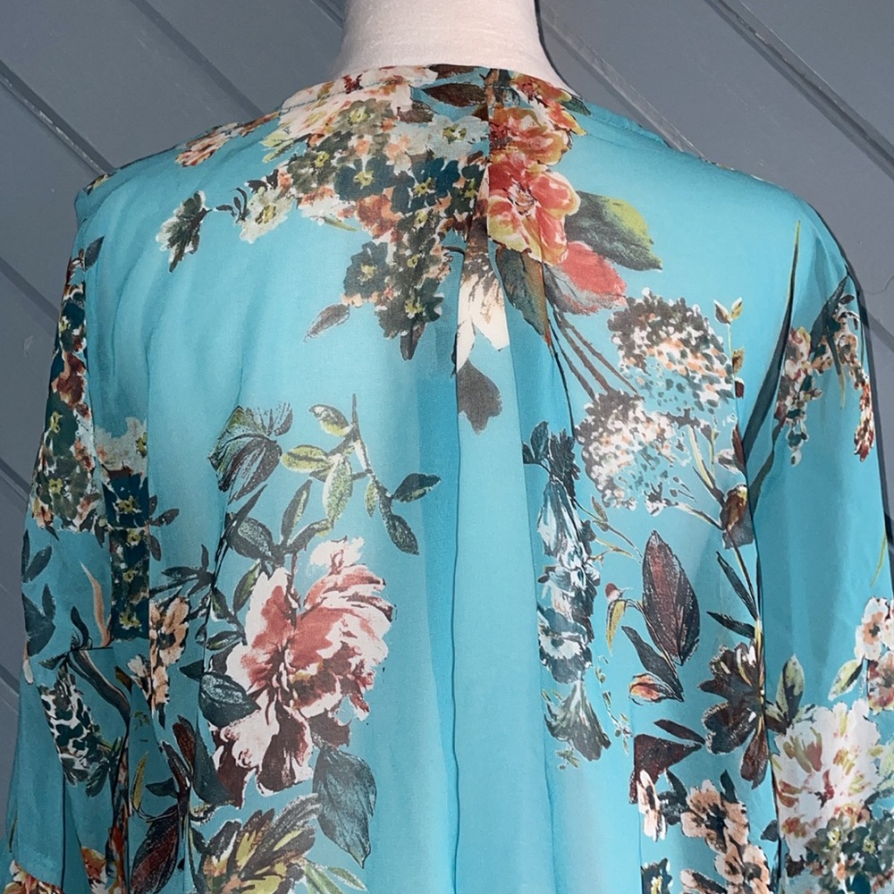 Bryn Walker Floral Blue High-low Ruffle Sleeve Semi Sheer blouse - Picture 7 of 7